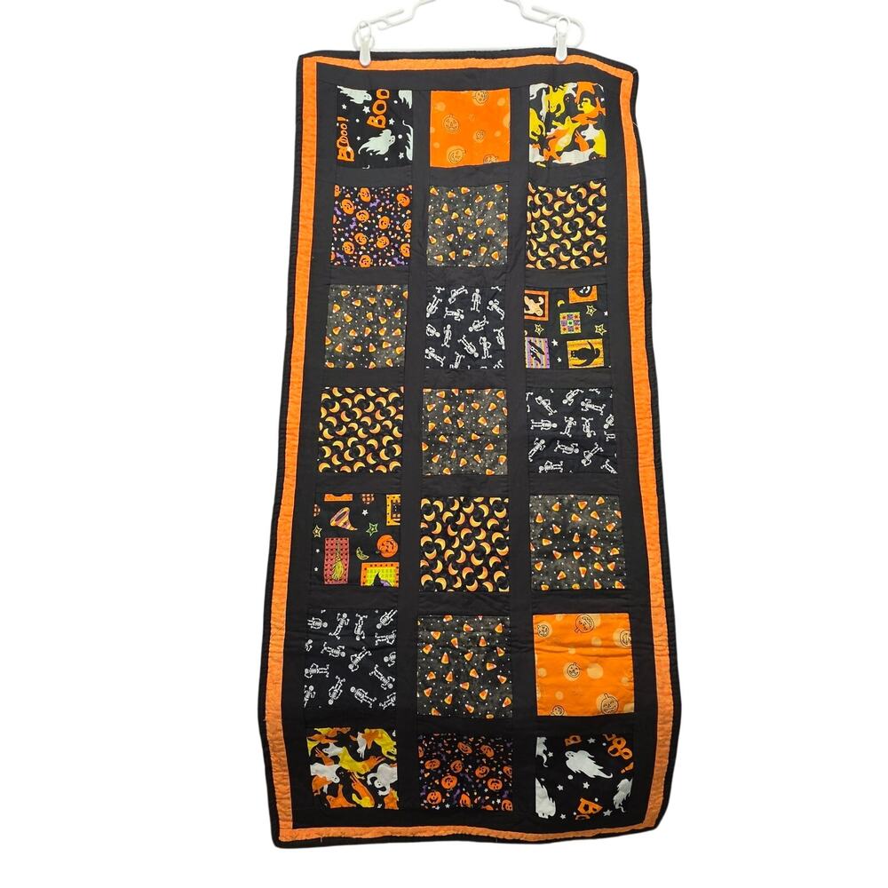 Handmade Halloween Table Runner Orange Black Patchwork Quilted Fall Decor